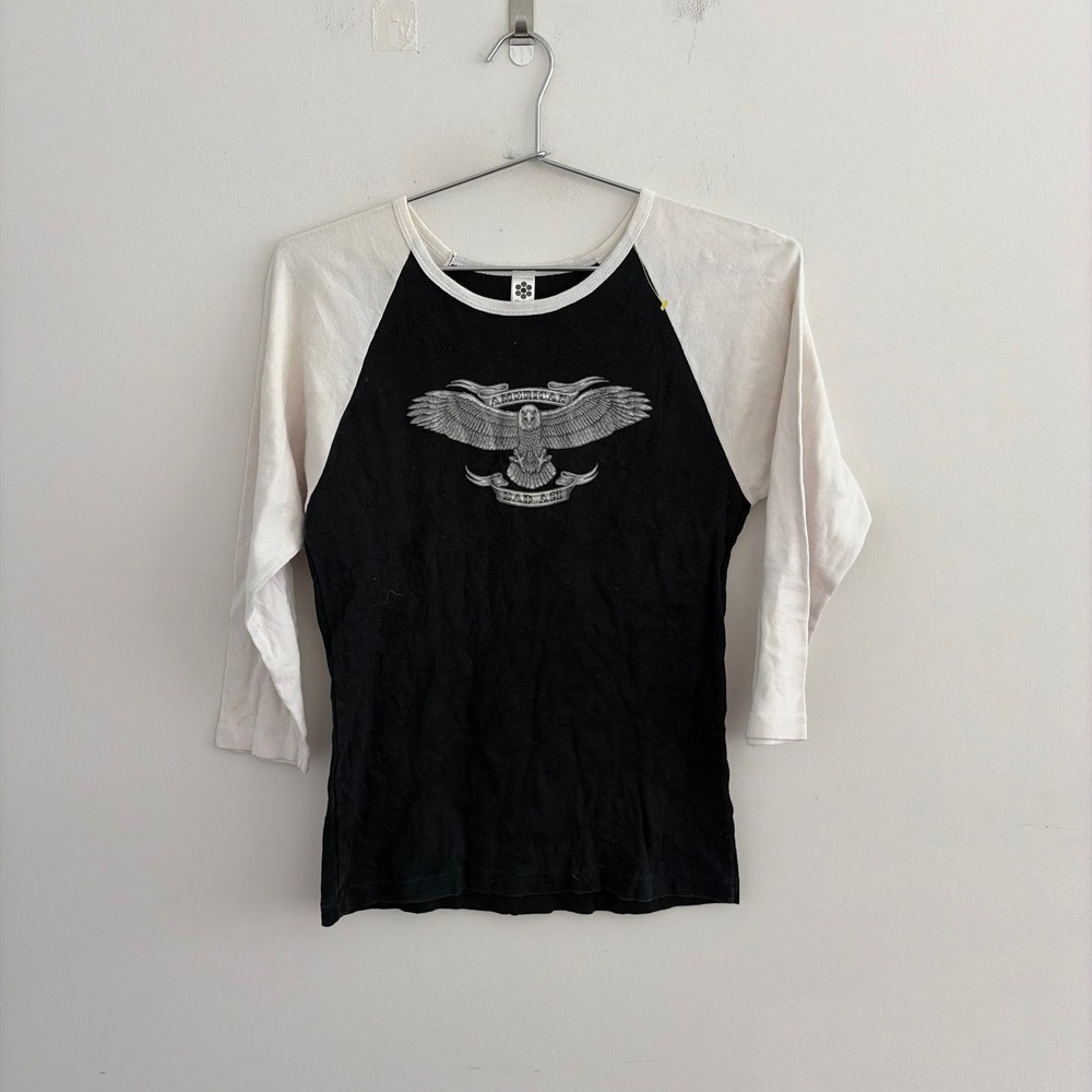 American Apparel Classic Girl Eagle Graphic Baseball Tee Black White L